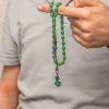 Gümüş Kazaz Püsküllü Yeşil Sıkma Kehribar Tesbih