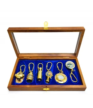 Ahşap Kutulu Denizci Temalı Pirinç Anahtarlık Seti KEY-0285