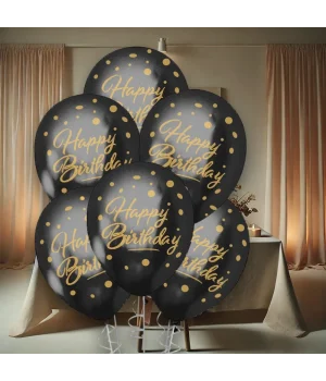 Altın Happy Birthday Baskılı Siyah Krom Balon 12