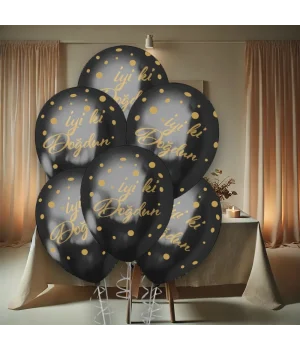 Altın İyi Ki Doğdun Baskılı Siyah Krom Balon 12