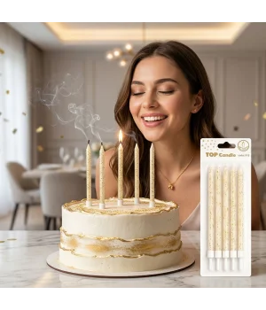Altın Simli Beyaz Pasta Mumu Seti 15 cm 6 Parça
