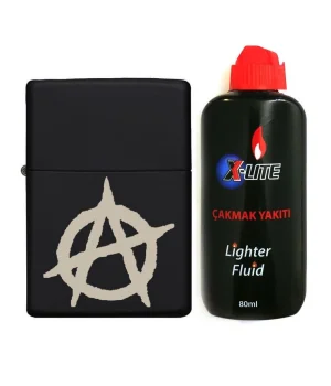 Atomic Benzinli Çakmak Benzin Seti Siyah Anarchy Symbol