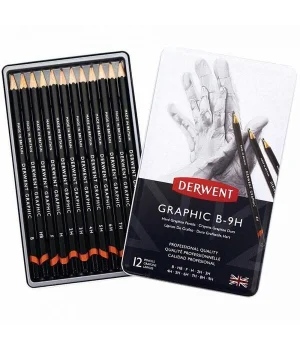 Derwent Graphic Dereceli Kalem Karakalem Eskiz Çizim Seti Hard (Technical) 12li Teneke Kutu