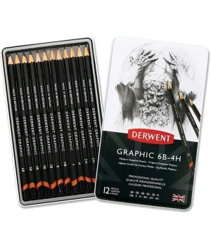 Derwent Graphic Dereceli Kalem Karakalem Eskiz Çizim Seti Medium (Designer) 12li Teneke Kutu