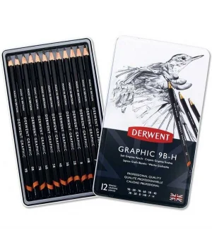 Derwent Graphic Dereceli Kalem Karakalem Eskiz Çizim Seti Soft (Sketching) 12li Teneke Kutu