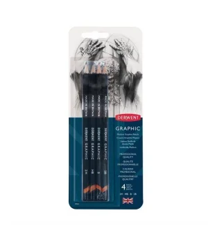 Derwent Graphic Pencils Dereceli Kalem Karakalem Eskiz Çizim Seti Medium (Designer) 4lü Blister