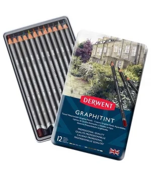 Derwent Graphitint Suda Çözünebilen Renkli Eskiz Çizim Kalemi Seti 12li Teneke Kutu