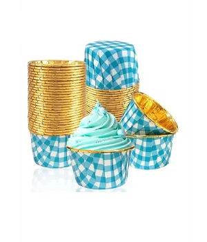 Roll-up Muffin Kek Kapsülü Mavi-Altın Pötikare Desenli 25 Adet