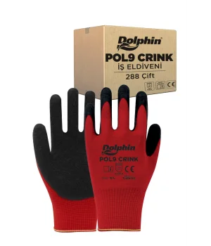 Dolphin Polyester Lateks İş Eldiveni Kırmızı/Siyah POL9 CRINK 9-L 288 Çift - Koli
