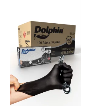 Dolphin Siyah Nitril Eldiven Pudrasız Ekstra Kalın L 100 Adet x 10 Paket - Koli