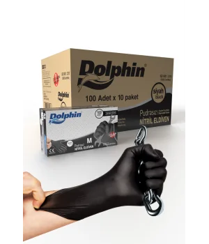 Dolphin Siyah Nitril Eldiven Pudrasız Ekstra Kalın M 100 Adet x 10 Paket - Koli