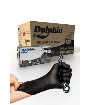 Dolphin Siyah Nitril Eldiven Pudrasız Ekstra Kalın XL 100 Adet x 10 Paket - Koli