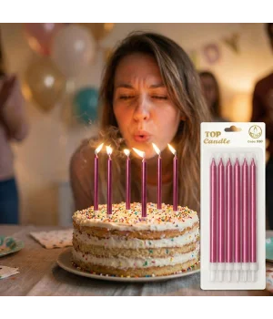 Fuşya Uzun Pasta Mum Seti 15cm 6 Parça