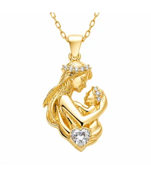 Gümüş Anne Bebek Figürlü Kalp Taşlı Gold Kolye