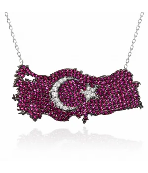 Gümüş Ay Yıldız Türkiye Haritası Kadın Kolye