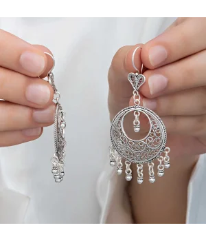 Gümüş Çember Telkari Sallantılı Kadın Küpe