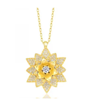 Gümüş Gold Beyaz Taşlı Lotus Çiçeği Kadın Kolye