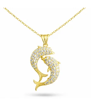 Gümüş Gold Çift Yunus Balığı Kadın Kolye