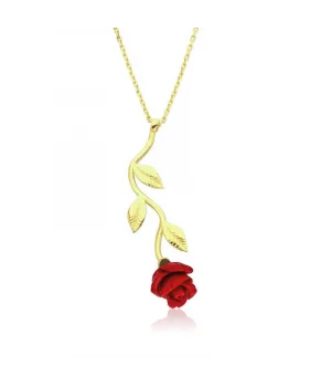 ​​Gümüş Gold Kırmızı Gül Kolye