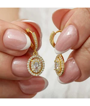 Gümüş Gold Oval Taşlı Sallantılı Küpe