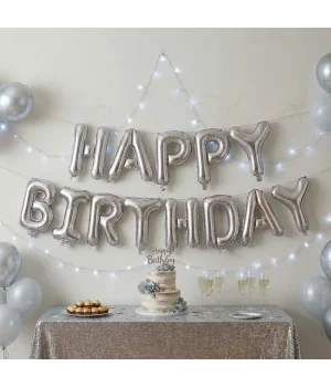 Gümüş Happy Birthday Banner Folyo Balon
