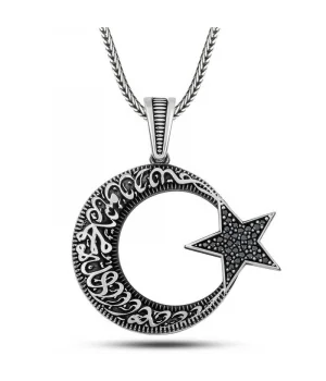 Gümüş Kelime-i Tevhid Yazılı Taşlı Erkek Kolye