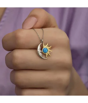 Gümüş Opal Mavi Taşlı Ay Güneş Kadın Kolye
