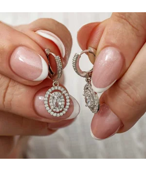 Gümüş Oval Taşlı Sallantılı Küpe