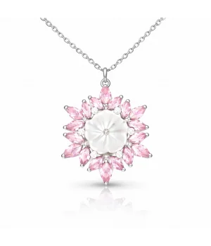 Gümüş Pembe Lotus Desenli Çiçek Kadın Kolye
