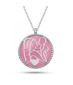 Gümüş Pembe Sedef Taşlı Anne Çocuk Sevgisi Kolye