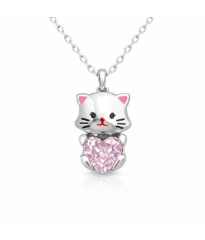 Gümüş Pembe Taşlı Sevimli Kedi Kadın Kolye