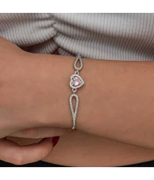 Gümüş Pembe Zirkon Taşlı Kalp Bileklik