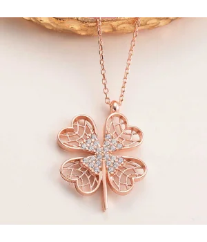 Gümüş Rose Dört Yapraklı Yonca Kadın Kolye