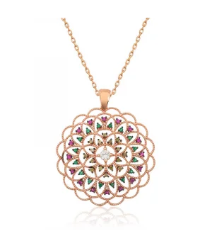 Gümüş Rose Geometrik Desenli Madalyon Kolye
