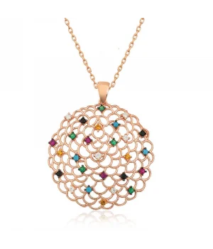Gümüş Rose Geometrik Desenli Madalyon Kolye