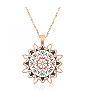 Gümüş Rose Geometrik Desenli Madalyon Kolye