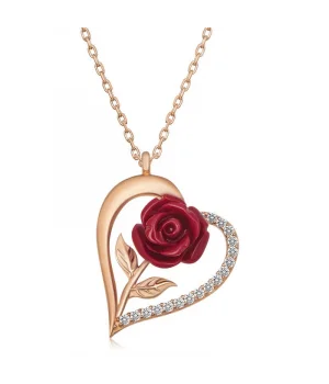 ​Gümüş Rose Kalpli Kırmızı Gül Kadın Kolye