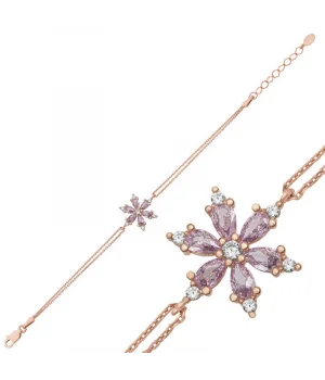Gümüş Rose Lila Lotus Çiçeği Kadın Bileklik