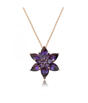 Gümüş Rose Mor Lotus Çiçeği Kolye