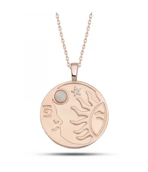 Gümüş Rose Opal Beyaz Taşlı Ay Güneş Kadın Kolye