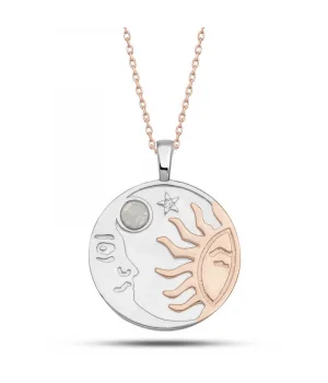 Gümüş Rose Opal Beyaz Taşlı Ay Güneş Kadın Kolye