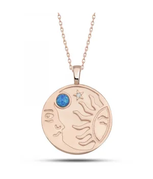 Gümüş Rose Opal Mavi Taşlı Ay Güneş Kadın Kolye