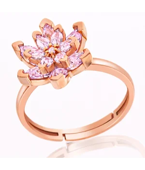 Gümüş Rose Pembe Taşlı Lotus Çiçeği Kadın Yüzük