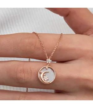 Gümüş Rose Sedef Taşlı Ay Yıldız Hilal Kadın Kolye