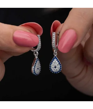 Gümüş Sallantılı Damla Nazar Kadın Küpe