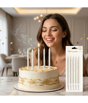 Gümüş Simli Beyaz Pasta Mumu Seti 15 cm 6 Parça