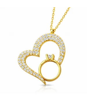 Gümüş Tektaşlı Gold Kalp Kadın Kolye