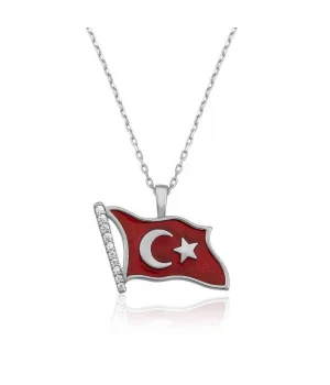 Gümüş Türk Bayrağı Bayan Kolye