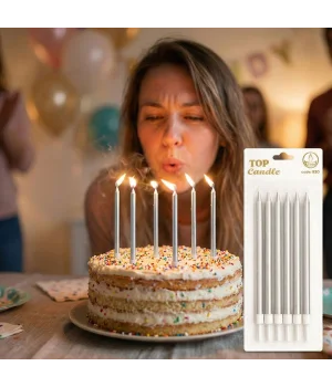 Gümüş Uzun Pasta Mum Seti 15cm 6 Parça
