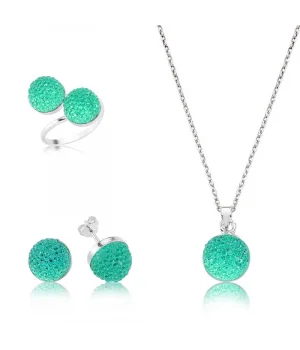 Gümüş Yeşil Kristal Taşlı Bayan Set
